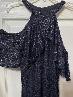 MARINA Navy Sequin Lace Cold-Shoulder Wedding Dress